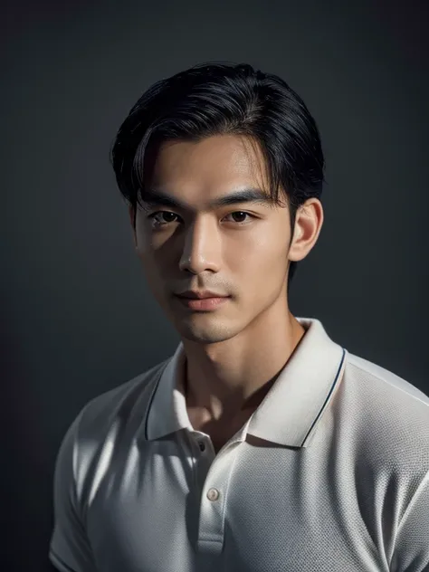 Make a picture of a good-looking Thai man with white skin, clean-shaven face, no beard, short hair, hair covering his forehead, 175 cm tall, wearing an orange polo shirt, black collar, black cuffs, black slacks, black sneakers with white trim, standing aga...