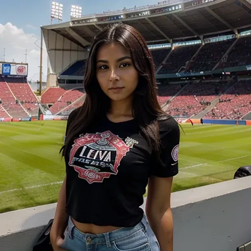 Pretty 20 year old woman, morena clara, pelaje negro, con camisa de las chivas (afuera del estadio Akron)