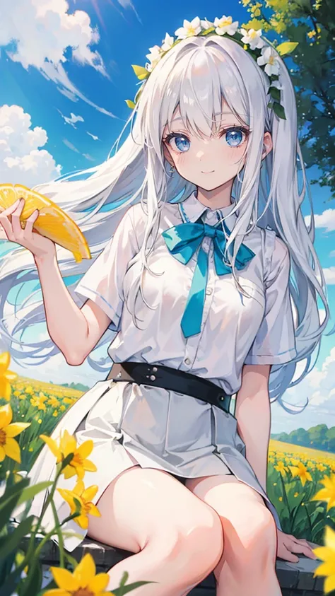 White hair，Long hair，Bangs，Bangs整齐，Green headband，Gray eyes，girl，cute，laughing expression，Happy and happy expression，White shirt，skirt，Sit on the ground and play，whole body，Dont show your arms，Background with daffodils，Lots of daffodils，Blue sky and white ...