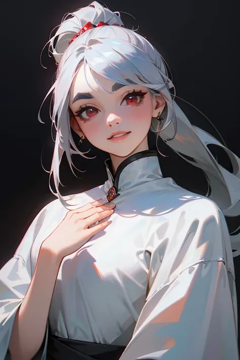 (highest quality, masterpiece:1.2), High resolution, Very detailed, Realistic:1.37, Fantasy, An illustration,Gray Hair、 Red eyes、Queen, White Dress、Platinum decoration、beautifully、Eyeshadow Red、Thick eyebrows、Long eyelashes、pupils are black、shiny on the li...