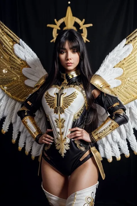 Best quality, 8K,woman, beautiful and detailed face, straight long hair,big eyelashes,(((black and gold embroided space armour))),((big open angel´s WHITE wings)),armlets,black belt,(((HANDS ON HIPS))),high heels over the knee boots,white neutral scenario,...