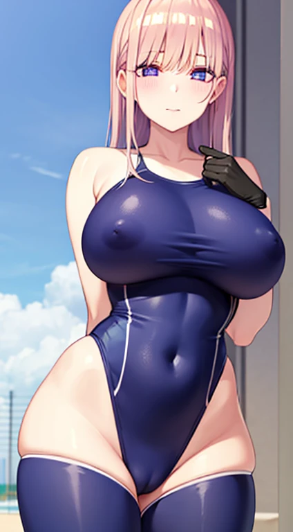 Very large breasts、Nipples、risque clothes、Gray Hair、Long Hair、Sexy Face、blue long gloves、Blue swimsuit、Purple eyes