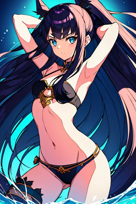 Flat chest, bunny bikini, navel, smooth belly, long black hair, sharp blue eyes, midriff, wrist cuffs, both arms up, narrow body