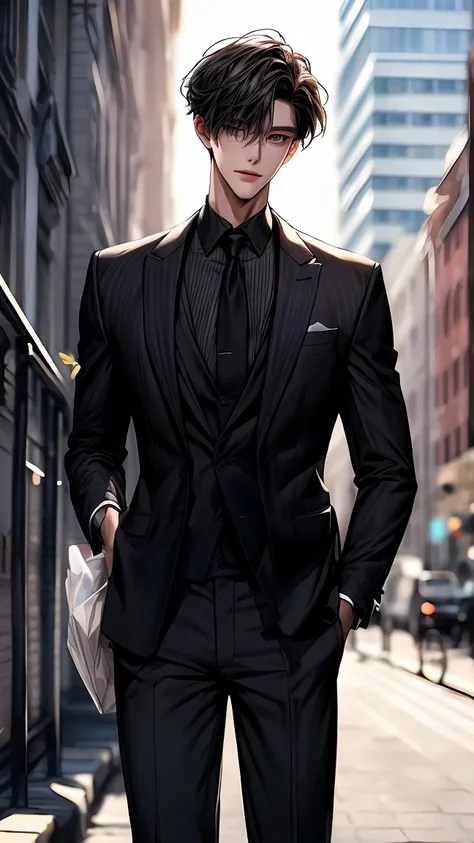 a man standing and holding flowers and he is very happy in front of a tall building, manhwa, male ulzzang, yanjun chengt, handsome chad chin, anime handsome man, secret romance, (good looking ), wearing elegant casual clothes, webtoon, hwang se - on, ( ( g...