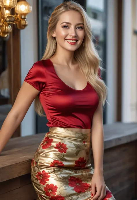 hyperrealistic beautiful 30-year-old women in shiny red short sleeve top and golden flowered long skirt, model shooting full body photography, very long blonde straight ponytail, dark eye makeup with eyeliner, seductive smile, flashing , 8K, best quality, ...