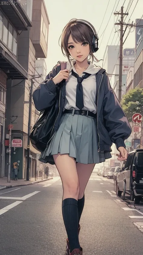 anime girls with headphones on walking across a busy city street, beautiful anime school girl, lofty girl, anime atmosphere, ani...