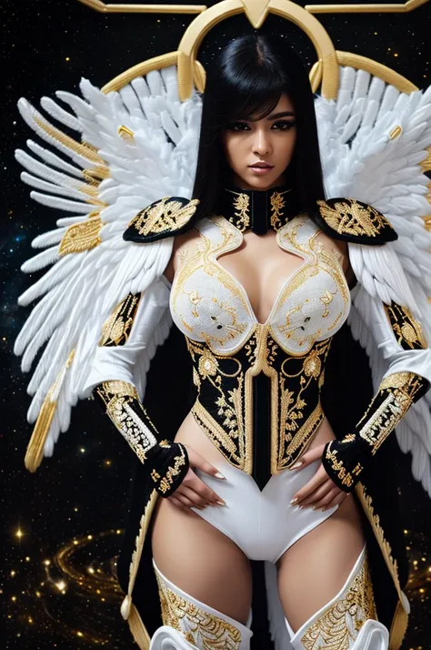 Best quality, 8K,woman, beautiful and detailed face, straight long hair,big eyelashes,(((black and gold embroided space armour))),((big open angel´s WHITE wings)),armlets,black belt,(((HANDS ON HIPS))),high heels over the knee boots,white neutral scenario,...