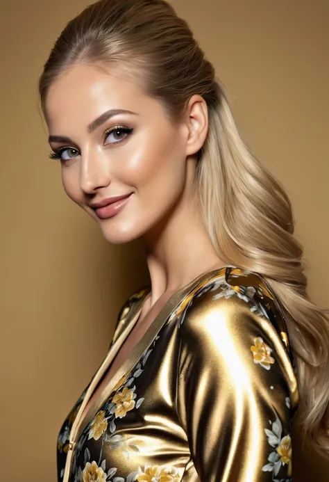 hyperrealistic beautiful 30-year-old women in shiny golden flowered jumpsuit, model shooting full body photography, very long blonde straight ponytail, dark eye makeup with eyeliner, seductive smile, flashing , 8K, best quality, Meisterwerk, ultra high res...