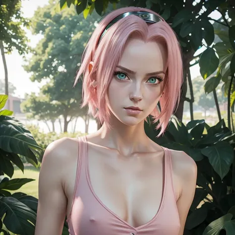 young woman, short shoulder-length pink hair, wide forehead, porcelain skin, pink eyebrows, big emerald green eyes, buttoned nose, full lips, heart-shaped face, slender body, small breasts, red tank top, Sakura Haruno , realistic, realism, details, 3d, wel...