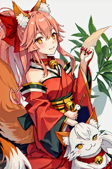 highest quality, masterpiece, high resolution, alone, {white kimono:1.35}, {red hakama:1.35}, {wide sleeves:1.20}, {tamamo_cat_f...