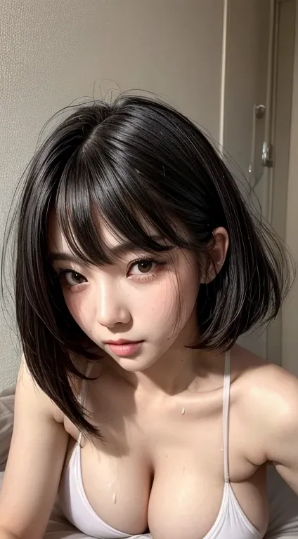 (NSFW:1.0) full body low angle view of a very beautiful sexy woman with a straight shoulder-length bob hairstyle featuring full straight black bangs. Ensure the hair length falls just lower the shoulders, emphasizing the defined bob style. Capture the esse...