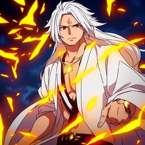 Highest quality，Finely crafted lighting，Young adult male，Long back hair，Colorful white hair，Messy hair，Prominent red eyes，The environment at night，lightning，Light in the sky，Divine style clothes，Golden necklace，Hanfu，White Coat，gold ring，Left eye tattoo