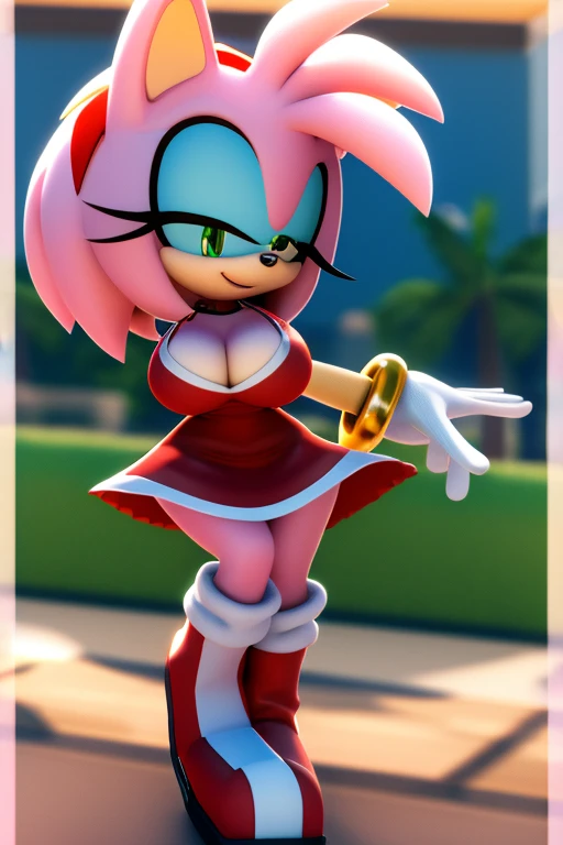 Masterpiece, high quality, studio quality, intricate details, 4k, 1girl, solo, Amy Rose, party dress, eyes open, green eyes, big breasts, cleavage