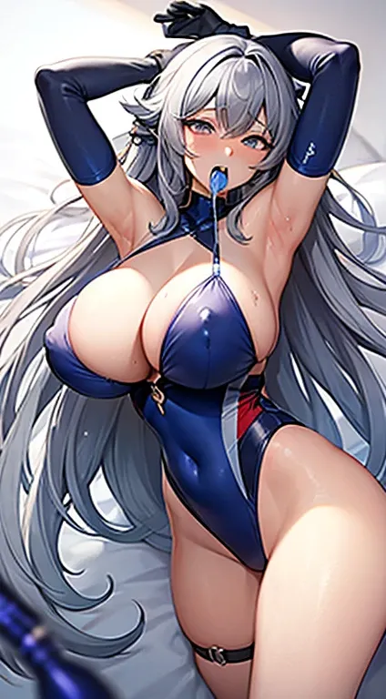 Very large breasts、Nipples、Provocative Swimsuit、Gray Hair、Long Hair、Sexy Face、blue long gloves、Blue swimsuit、Purple eyes、White Hair、Very large breasts、Squirting、Being pushed onto the bed、Massive Creampie、straight hair、brainwashing、Hypnosis、in the mouth