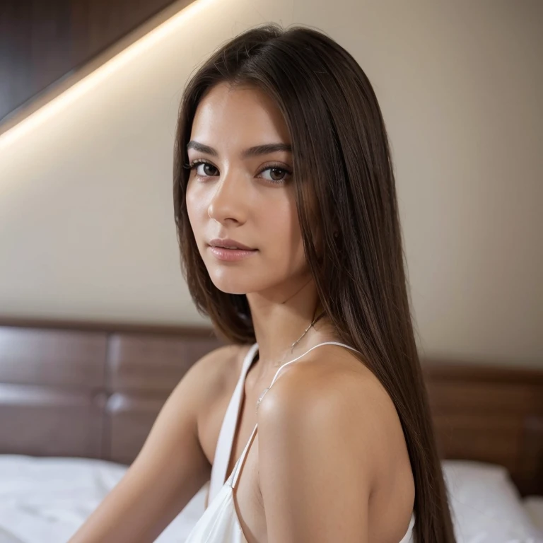 RAW portrait photo of 1 brunette woman with long hair, imagem de perfil, Supermodelo brasileira, morena com cabelos loiros tingidos, seminua, in a floral strap dress, soio, revela seu corpo, transparente, sentada em uma cama de um quarto de hotel de luxo, ...