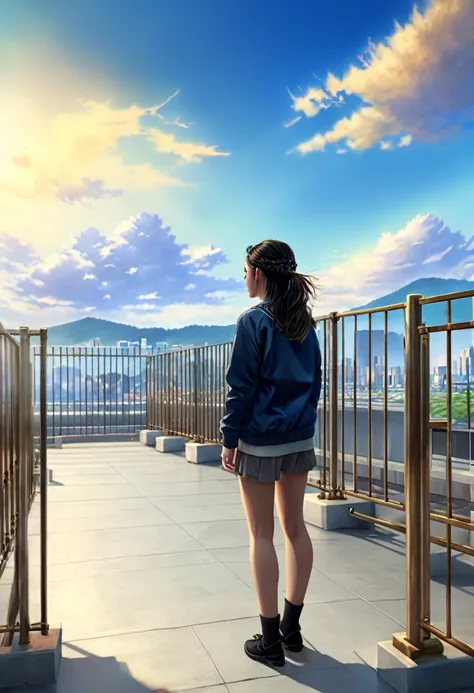 1girl,Person Standing on the Rooftop,aesthetic,okujyou,scenery,sky,fence,cloud,blue sky,outdoors,rooftop,building,day,cityscape,shadow,chain-link fence,city,(best quality,4k,8k,highres,masterpiece:1.2),ultra-detailed,(realistic,photorealistic,photo-realist...