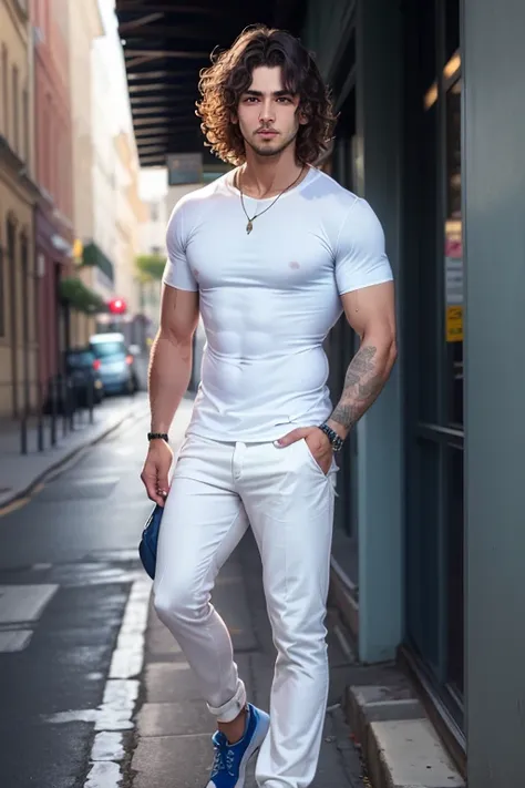 Amazing portrait of a man with short and messy wavy hair, bien afeitado, Anteojos, camisa azul con rayas blancas parcialmente desabrochada, pantalones blancos, full body