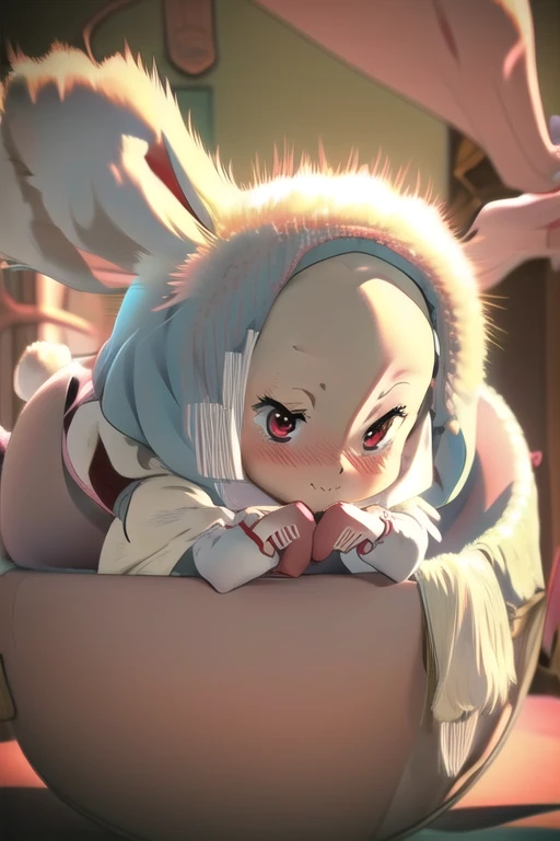 Anime girl with white hair and bunny ears, Red eyes, Shy blush, 