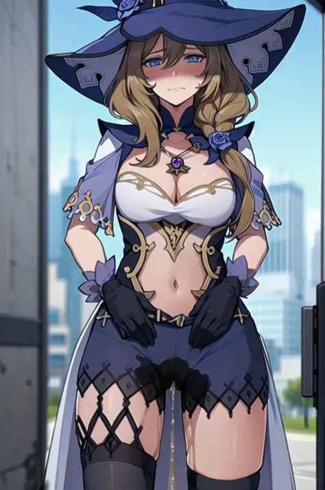 1girl,(solo:1.5),(solo focus:1.5),lisadef,large breasts,standing,wetting self,peeing stain,dress,embarrassed,humiliated,medieval,city,,(best quality,4k,8k,highres,masterpiece:1.2),ultra-detailed,vivid colors,sharp focus,long hair flowing in the wind,expres...