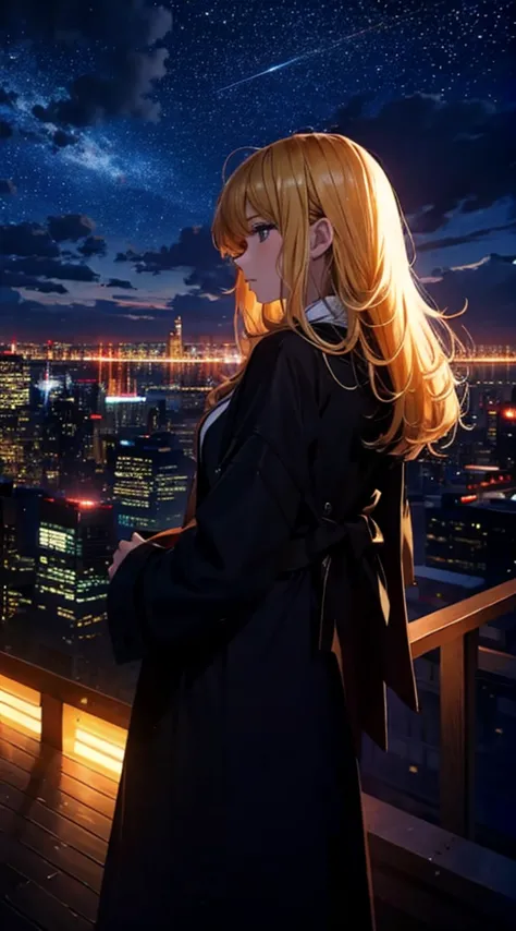 １people々々々々々々々,blonde long-haired woman，long coat， dress silhouette， rear view，space sky, comet, anime style, city night view fr...