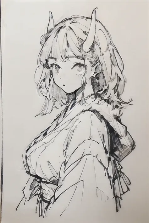 shouhui, large breasts, drawing, monochrome, horns, kimono