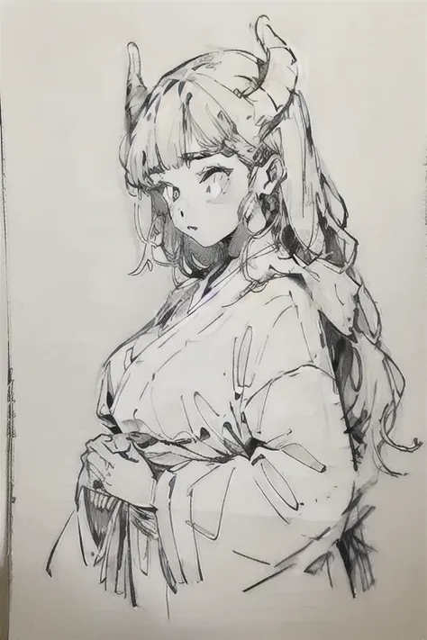 shouhui, large breasts, drawing, monochrome, horns, kimono