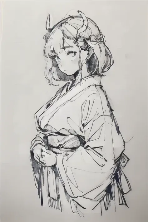 japanese milf, large breasts, drawing, monochrome, horns, kimono