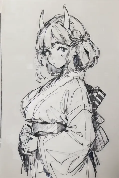 japanese milf, large breasts, drawing, monochrome, horns, kimono