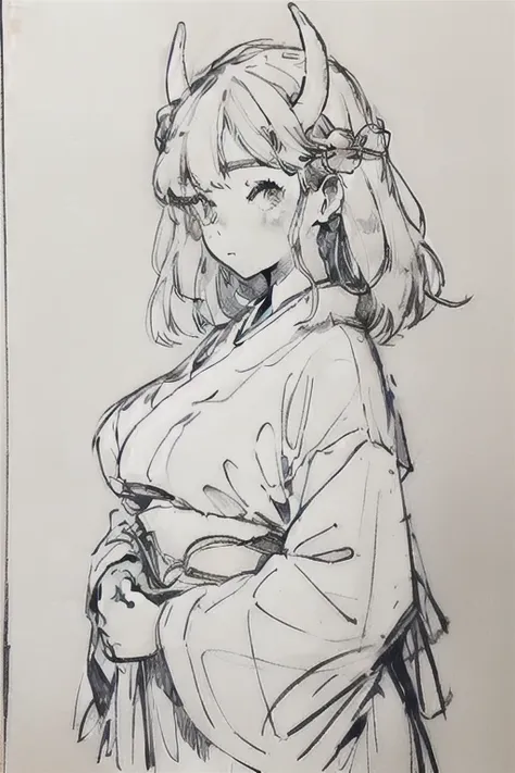 japanese milf, large breasts, drawing, monochrome, horns, kimono