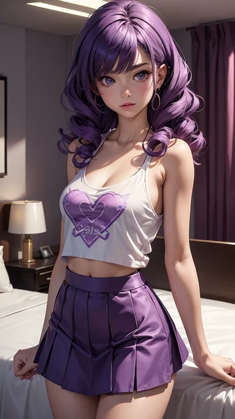 (masterpiece), (best quality), (detailed), light layer, 1solo girl, young girl, perfect body, purple hair in curls, defined large chest, small waist,defined collarbone, ultra realistic, photorealistic, detailed, ,Enhance, wearing a anime shirt and mini ski...