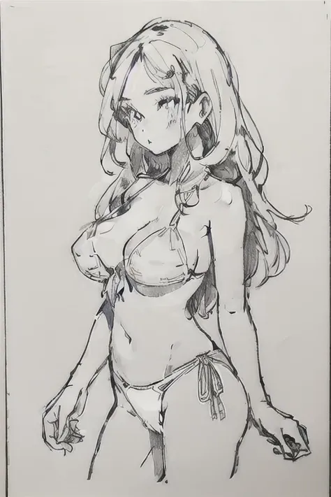 japanese milf, large breasts, drawing, monochrome, bikini,