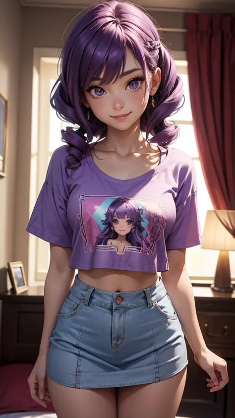 (masterpiece), (best quality), (detailed), light layer, 1solo girl, young girl, perfect body, purple hair in curls, defined large chest, small waist,defined collarbone, ultra realistic, photorealistic, detailed, ,Enhance, wearing a anime shirt and mini ski...