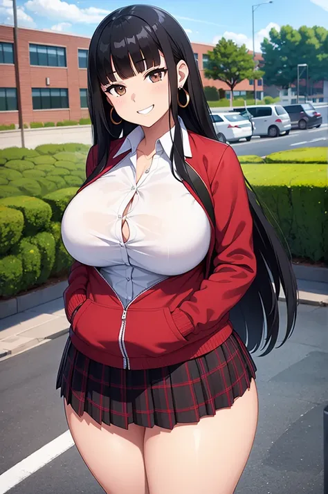  sexy girl, huge breasts, large breasts, curvy, black hair (straight bangs), brown eyes, long hair, female high , high school plaid skirt, earrings, grinning, standing, rooftop, high school, outdoor, solo focus, bright day