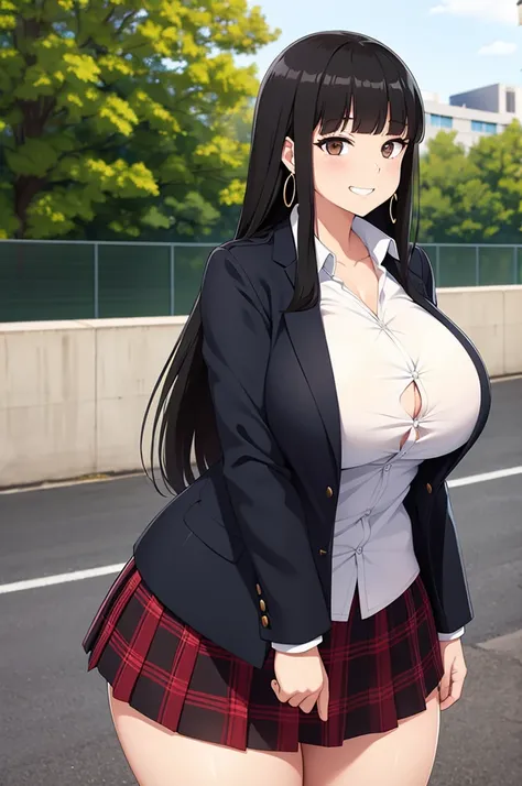  sexy girl, huge breasts, large breasts, curvy, black hair (straight bangs), brown eyes, long hair, female high , high school plaid skirt, earrings, grinning, standing, rooftop, high school, outdoor, solo focus, bright day