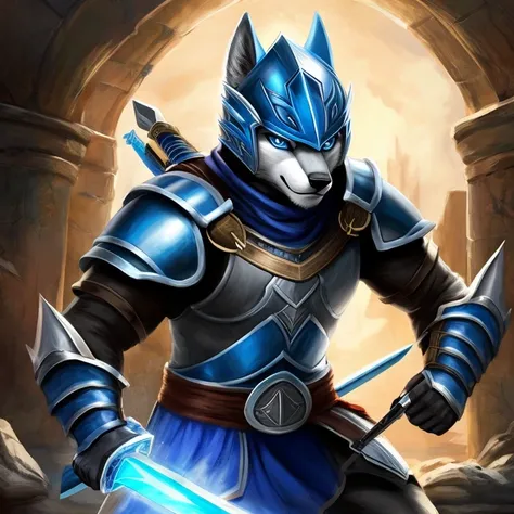 masterpiece, solo, furry gray wolf, teen, gray fur, white facial fur, blue eyes, blue armor, ancient warrior, fighting enemies, warrior face, illuminated blue sword, warrior, drawing style, blue helmet