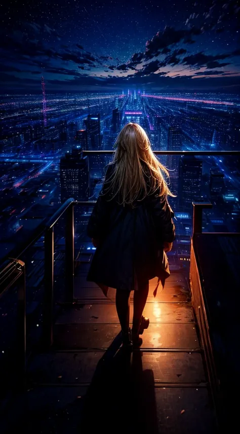 １people々々々々々々,Blonde long-haired woman，Long coat， Dress Silhouette， Rear View，Space Sky, comet, Anime Style, City night view from the rooftop，