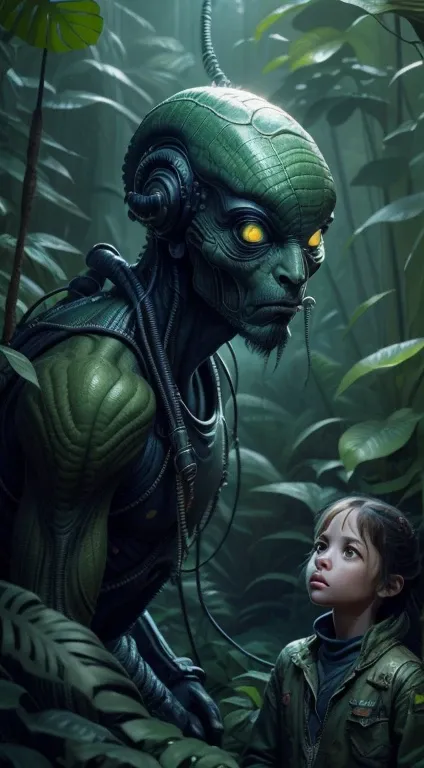 "An alien guest meets a man" in a jungle environment,  Highly detailed, Extremely detailed, delicate detail, crisp quality, ultra realistis, A hyper-realistic, surrealism, Dark art, Cinematic,  thousand., A still from Steven Spielbergs epic film, sharp-foc...