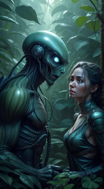 "An alien guest meets a man" in a jungle environment,  Highly detailed, Extremely detailed, delicate detail, crisp quality, ultra realistis, A hyper-realistic, surrealism, Dark art, Cinematic,  thousand., A still from Steven Spielbergs epic film, sharp-foc...