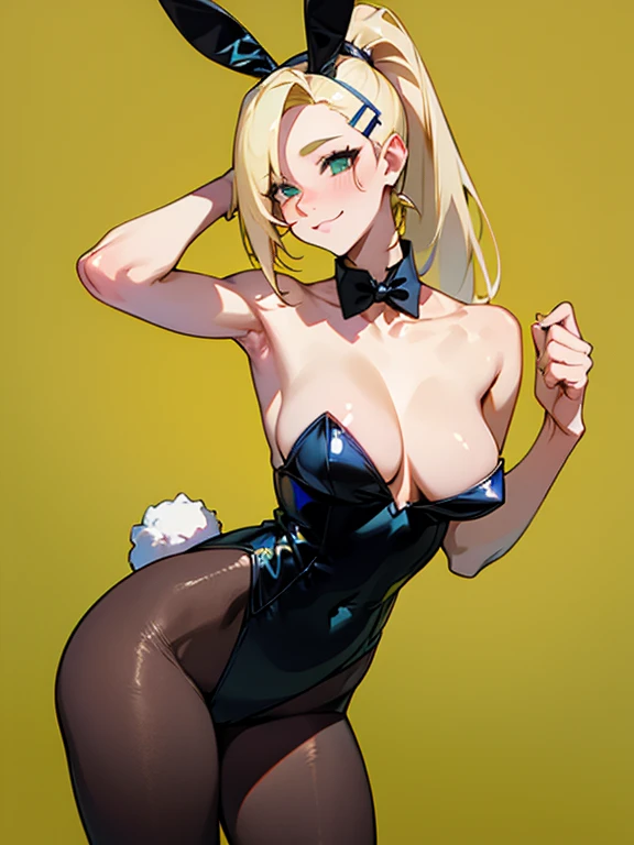 ino_yamanaka, blonde hair, hair ornament, green eyes, ponytail, hairclip, hair over one eye, mature female, medium breasts, pantyhose, playboy bunny, bare shoulders, smile, cowboy shot, highly detailed, HD, 4K, Masterpiece, highres