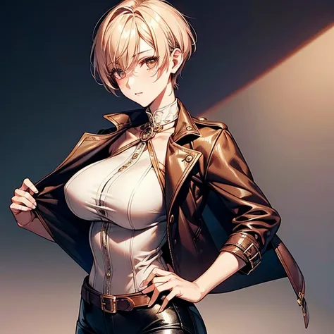 Steampunk Girl、Otome、Tokimeki、Cute slender beauty、leather jacket、short、Pixie Cut、short nape、Large breasts、Beautiful nape、expensive、Girlish、model like、Tight skinny pants、delicate、Slender body、Red cheeks、