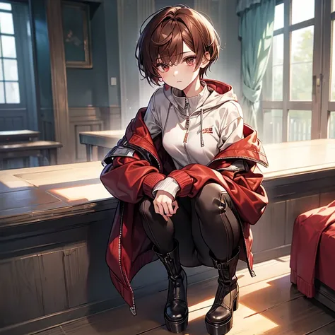 masterpiece、Subtle details、Slender beauty、Put on the hood、slim、Small breasts、Sharp eyes、younger sister、Pixie Cut、Short nape、Oversized zip-up jacket（hoodie）、Tight skinny pants、Platform boots、Reddish brown hair、