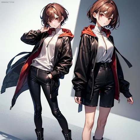 masterpiece、Subtle details、Slender beauty、Put on the hood、slim、Small breasts、Sharp eyes、younger sister、Pixie Cut、Short nape、Oversized zip-up jacket（hoodie）、Tight skinny pants、Platform boots、Reddish brown hair、