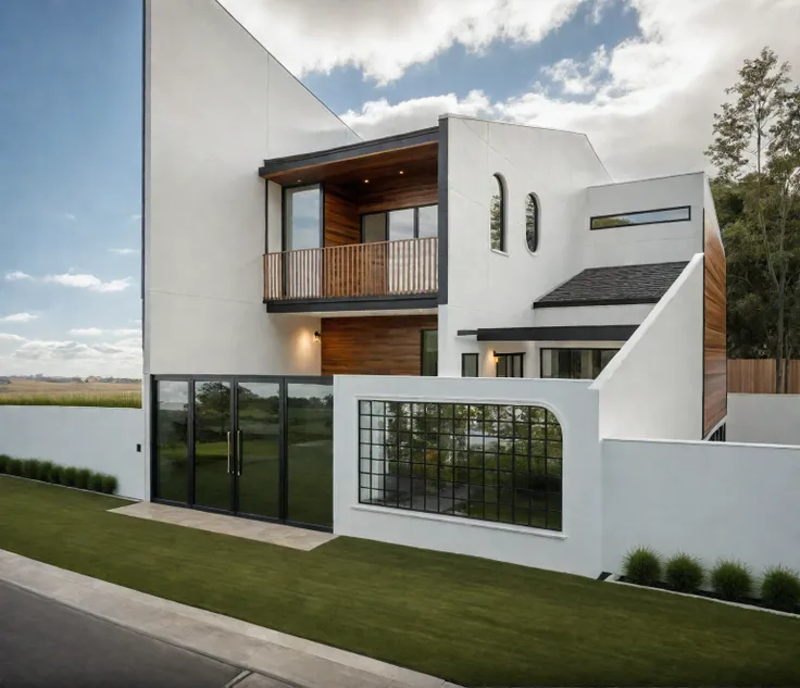 exterior house, contemporary style, white wall, wood wall, wood door, glass window, (realistic:1.2), Masterpiece, high quality, best quality, authentic, super detail, outdoors,road,pavement, grass, trees, sky, cloud, (daylight:1.1)
