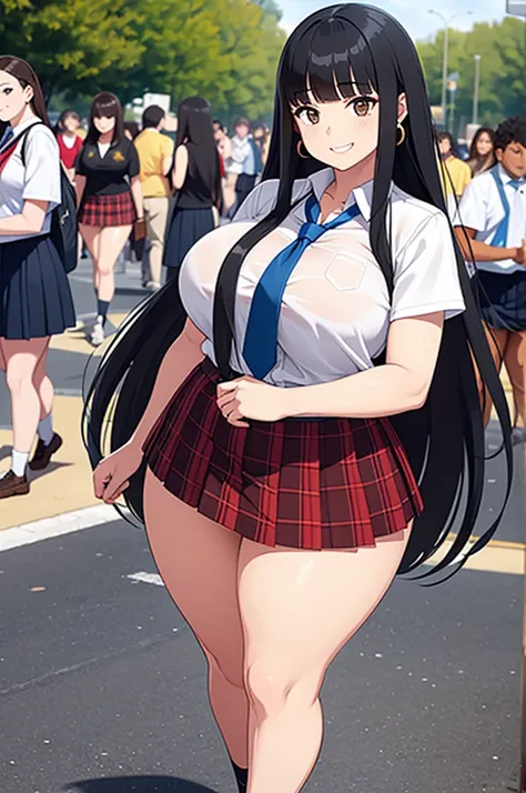 sexy girl, huge breasts, large breasts, curvy, black hair (straight bangs), brown eyes, long hair, female , school plaid short skirt, earrings, grinning, standing, high school, outdoor, solo focus, bright day, crowd of people, (multiple students)