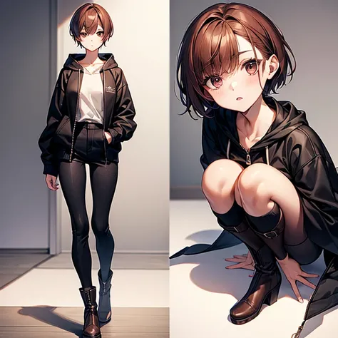 masterpiece、Subtle details、Slender beauty、Put on the hood、slim、Small breasts、Sharp eyes、younger sister、Pixie Cut、Short nape、Oversized zip-up jacket（hoodie）、Tight skinny pants、Platform boots、Reddish brown hair、