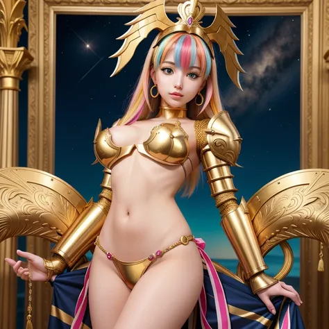 une femme, 25 ans, manga, cheveux longs, cheveux multicolores, sexy, high level of detail, saint seiya, armure, signes du zodiaque, Grèce antique, armure du zodiac, zodiac cloth, Carved, armure de Thanatos