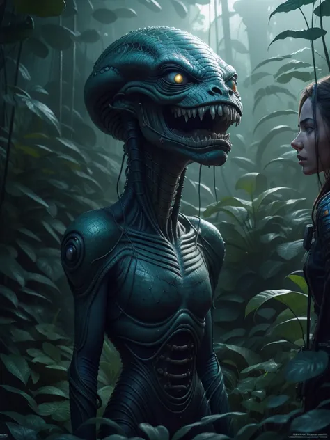 "An alien guest meets a man" in a jungle environment,  Highly detailed, Extremely detailed, delicate detail, crisp quality, ultra realistis, A hyper-realistic, surrealism, Dark art, Cinematic,  thousand., A still from Steven Spielbergs epic film, sharp-foc...