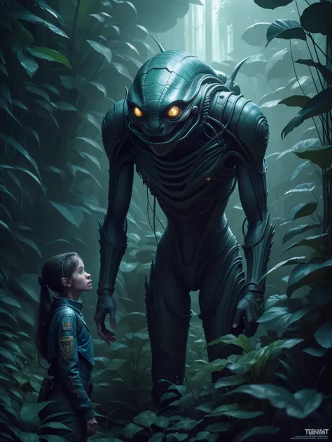 "An alien guest meets a man" in a jungle environment,  Highly detailed, Extremely detailed, delicate detail, crisp quality, ultra realistis, A hyper-realistic, surrealism, Dark art, Cinematic,  thousand., A still from Steven Spielbergs epic film, sharp-foc...