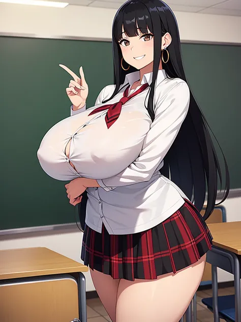 sexy girl, huge breasts, large breasts, curvy, black hair (straight bangs), brown eyes, long hair, female , school plaid short skirt, earrings, grinning, standing, classroom, indoor, solo focus, bright day, (multiple students)