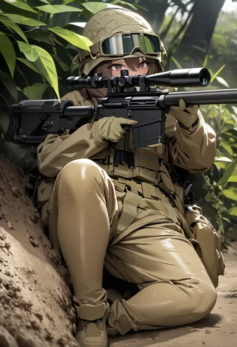 High quality, high definition, high precision images,8k Full HD.1 girl.America,army Modern soldier,Hide in the bushes and assume a sniper position,sniper rifle,Put on a helmet,(camouflage) (Lying on the ground).(Full face camouflage makeup),Covering the body in a giri suit.Brown rabbit, covered in mud
